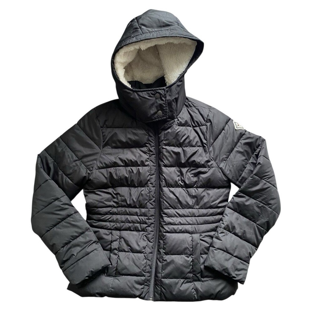 Hollister Black Puffer Jacket Womens L Hooded Fleece Lined Warm Coat